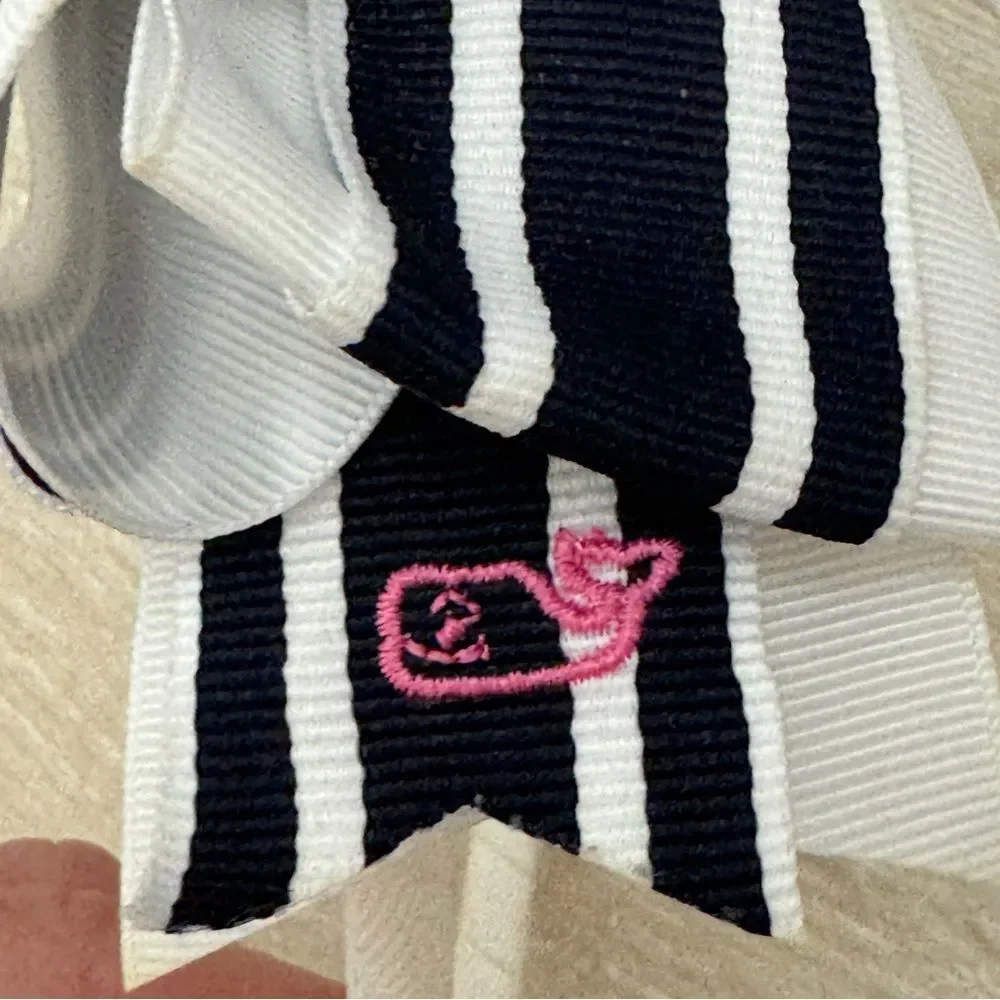 Vineyard Vines Navy Blue and White Bow Headband with VV Whale in Pink